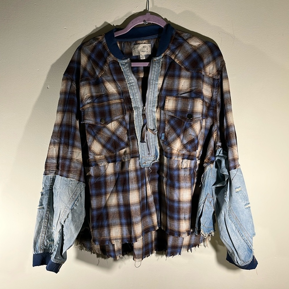 Oli & Hali Distressed Patchwork Flannel and Denim Cropped Pullover L
